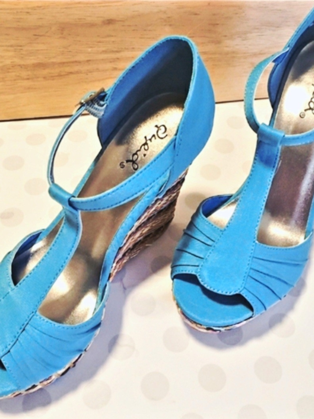 *NIB Qupid Multicolor Woven Espadrille Wedge Platform Sandals Turquoise Sz 8.5 - Picture 11 of 14